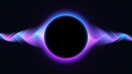 Futuristic Wavy background with abstract liquid flow particles. Blue and Purple Wavy Particle Surface on Black Background. EPS10 Vector Illustration.のイラスト素材