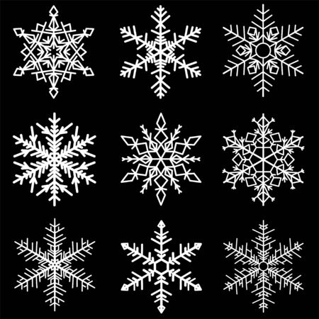 Various winter snowflakes vector. Set of nine white snowflake on black backgroundのイラスト素材