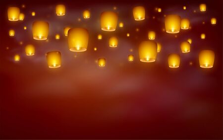 Flying paper sky lanterns with flame at night sky. Traditional design elements. Vector illustration.のイラスト素材
