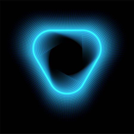 Abstract glowing neon blue triangle with dots on dark purple background. Vector illustration.のイラスト素材