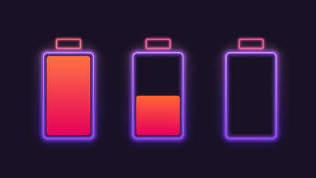 Set of neon battery charge level indicators. Vector illustration.のイラスト素材