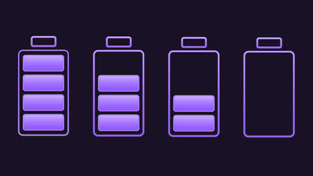 Set of neon battery charge level indicators. Vector illustration.のイラスト素材