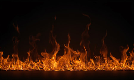 Abstract fire particles, sparks and smoke in the air with fire flames on a dark backgroundの写真素材