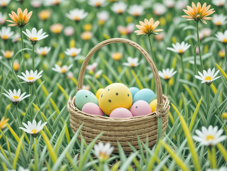 Easter Eggs Nestled in Basket Amid Orchard Blissの写真素材