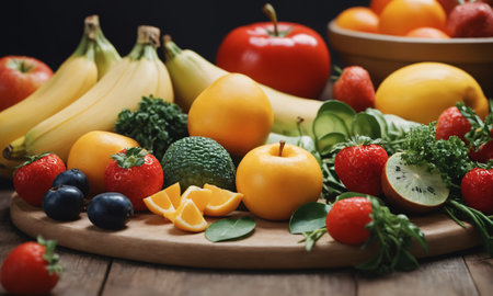 Vibrant and colorful image showing a variety of fresh fruits and vegetablesの写真素材