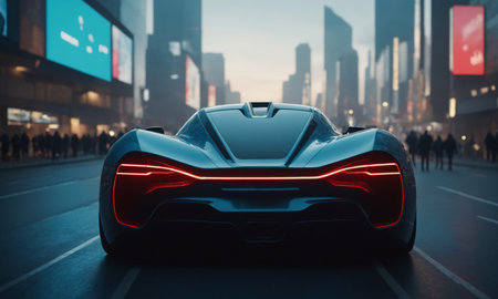 A futuristic car is driving around the metropolisの写真素材