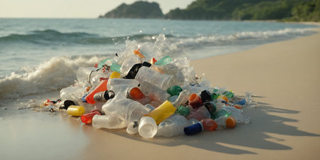 Empty used dirty plastic bottles, household waste on the ocean shore. Environmental problem