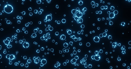 Neon bubbles fly and glow on a black background.