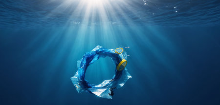 A discarded plastic bag drifts in the blue ocean. Ocean pollution