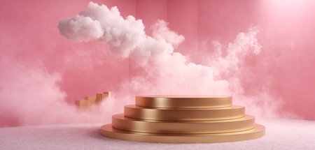 Golden platform for product presentation on a cloudy sky background.