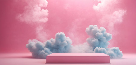 Pink platform for product presentation on a cloudy sky background.