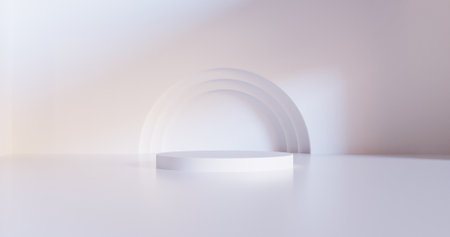 Empty white podium pedestal for product presentation in bright room with sunlight.の写真素材