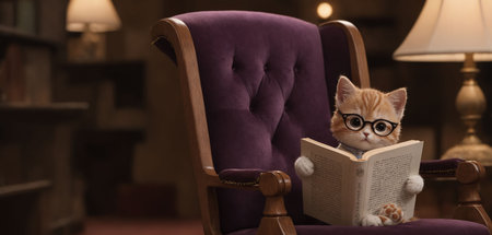 Cute kitten in glasses reading a book in a cozy chair under soft lightingの写真素材