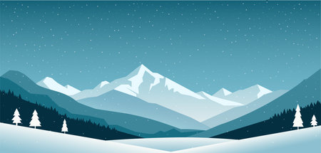 Winter mountain landscape. Forest on the background of mountains and snow. Christmas vector illustration for design.のイラスト素材