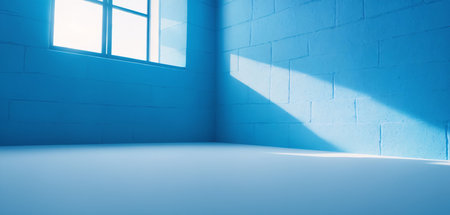 A room of blue color with a window through which sunlight falls