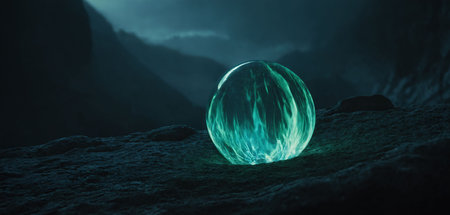 A transparent ball with an emerald light is in the middle, in the middle of the mountainsの写真素材