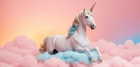 A toy unicorn on some clouds and pink clouds.の写真素材