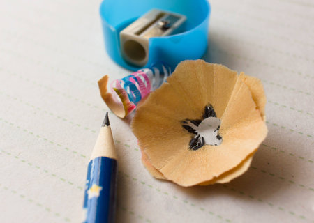 Pencil shavings and pencil sharpenerの写真素材