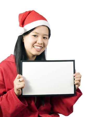 Santa girl with blank advertising board on white background. 
の写真素材