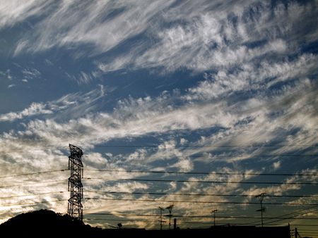 Hight voltage line on the blue sky backgroundの写真素材