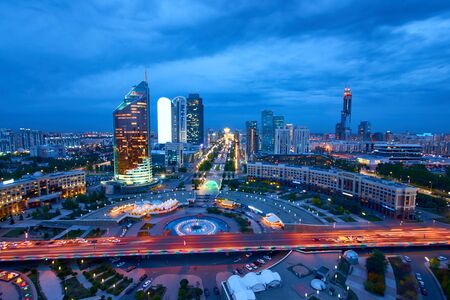 Evening view of the city of Nur Sultan. Nur-Sultan is the capital of Kazakhstan.のeditorial素材