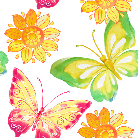 Seamless pattern with butterflies and flowers watercolor. Vector illustrationのイラスト素材