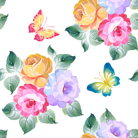 Seamless pattern roses and butterflies. Watercolor painting. Vector illustrationのイラスト素材