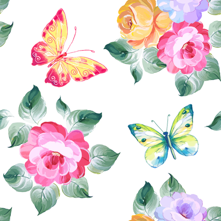 Seamless pattern roses and butterflies. Watercolor painting. Vector illustrationのイラスト素材