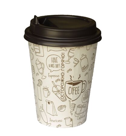 Disposable paper cup for coffee with a lid. The inscription on the glass in Russian "Caution: hot!"の写真素材