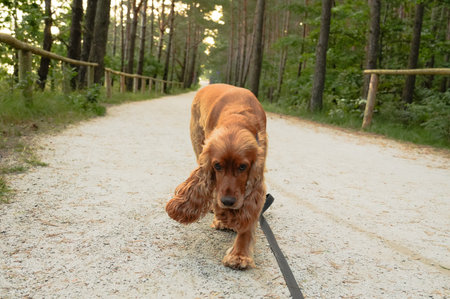 English Cocker Spaniel on a leash in the forest.