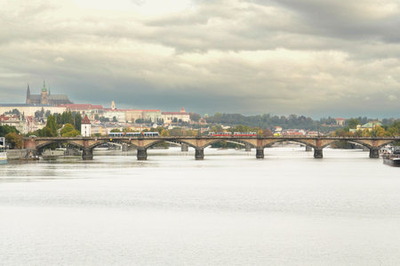 Prague Castle and Vltava river in Prague, Czech Republicの写真素材