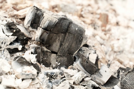 Close up of burnt wood in a fireplace. Shallow depth of field.
