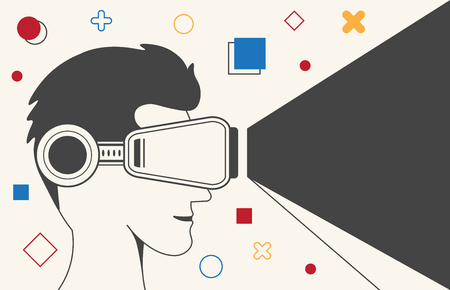 Virtual reality headset display with human head. Man using VR glassesのイラスト素材