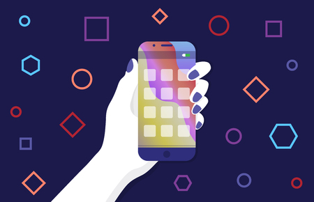 Hand keeps a modern smartphone with a social network application. Phone interfaceのイラスト素材