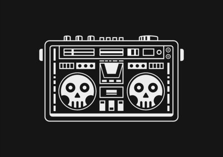 Boombox skull. Black background. Vector illustration.のイラスト素材