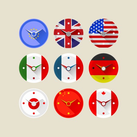 Circle clocks with flags of the world on the dial.のイラスト素材