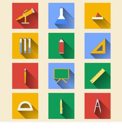 Square colored icons for school on white background の写真素材