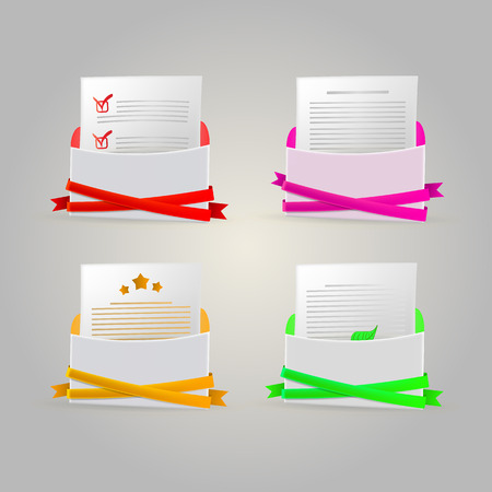 Four envelopes with letters in and colored elements and ribbons のイラスト素材