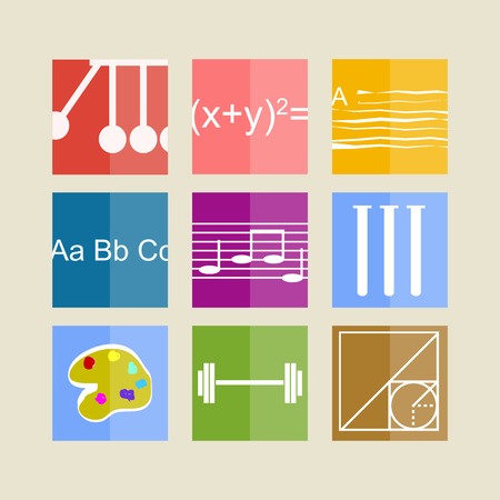 Square colored icons for school subjects on white.の写真素材