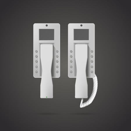 Two white modern wall landline phones, radio and with a wire. Isolated vector illustration on gray.のイラスト素材