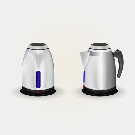 Two metallic electric kettles with blue water level. Isolated illustrations on white.の写真素材