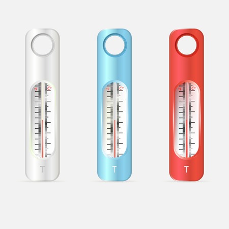 Set of thermometers in color casing. Three vector illustrations isolated on white.のイラスト素材
