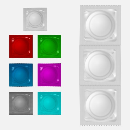 Set of condoms in a color packing. Isolated vector illustrations on white.のイラスト素材