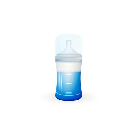 Blue baby feeding bottle with measure silicone nipple. Isolated vector illustration on white.のイラスト素材