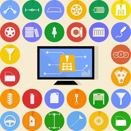 Circle colored icons and diagnostic monitor for auto repair.のイラスト素材