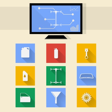 Square colored icons and diagnostic monitor for auto repair.のイラスト素材