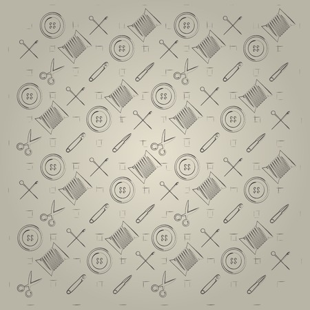 Pattern with vintage sewing tools on gray background.の写真素材