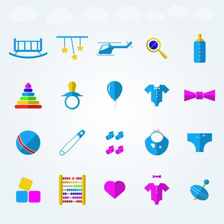 Set of blue icons for children toys with colored elements on light blue background.の写真素材