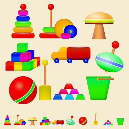 Colorful children toys. Set of illustrations on light background.の写真素材