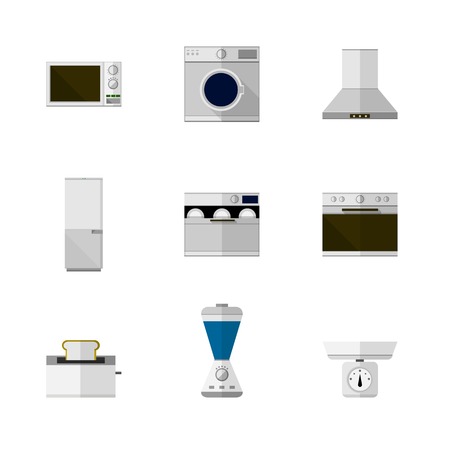 Set of nine flat icons with white and colored equipment for home on white background.のイラスト素材